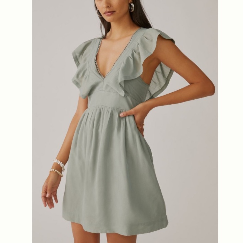 NWT Anthropologie V Neck Plunge Ruffle Tunic Mini Dress XL Sage Green Gray
